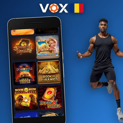 VOX Casino app pe smartphone cu sloturi populare și buton de descărcare
