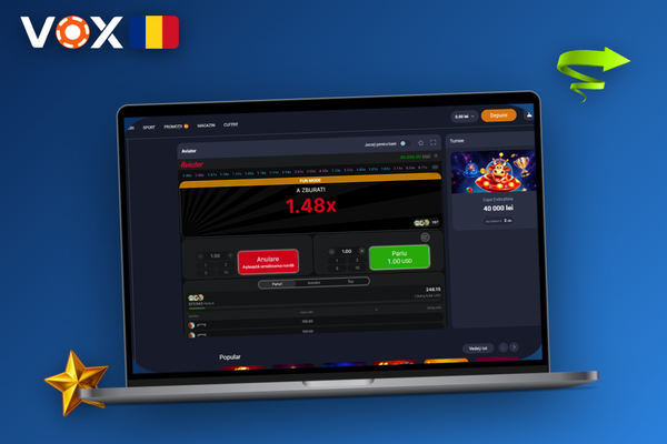 Zonele principale ale jocului Aviator de la VOX Casino evidențiate pe ecran desktop