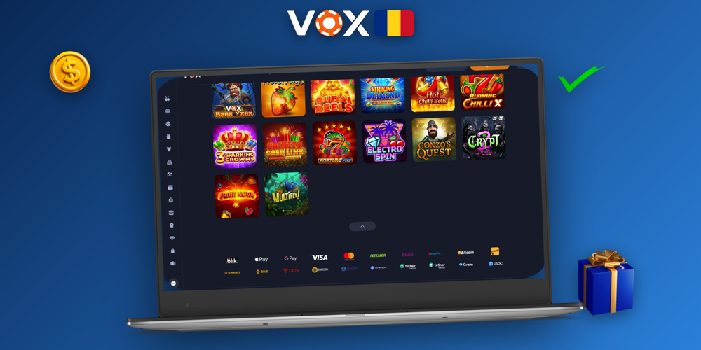 Bonus VOX Casino 100% până la 3.000 EUR ilustrat cu monede aurii și laptop